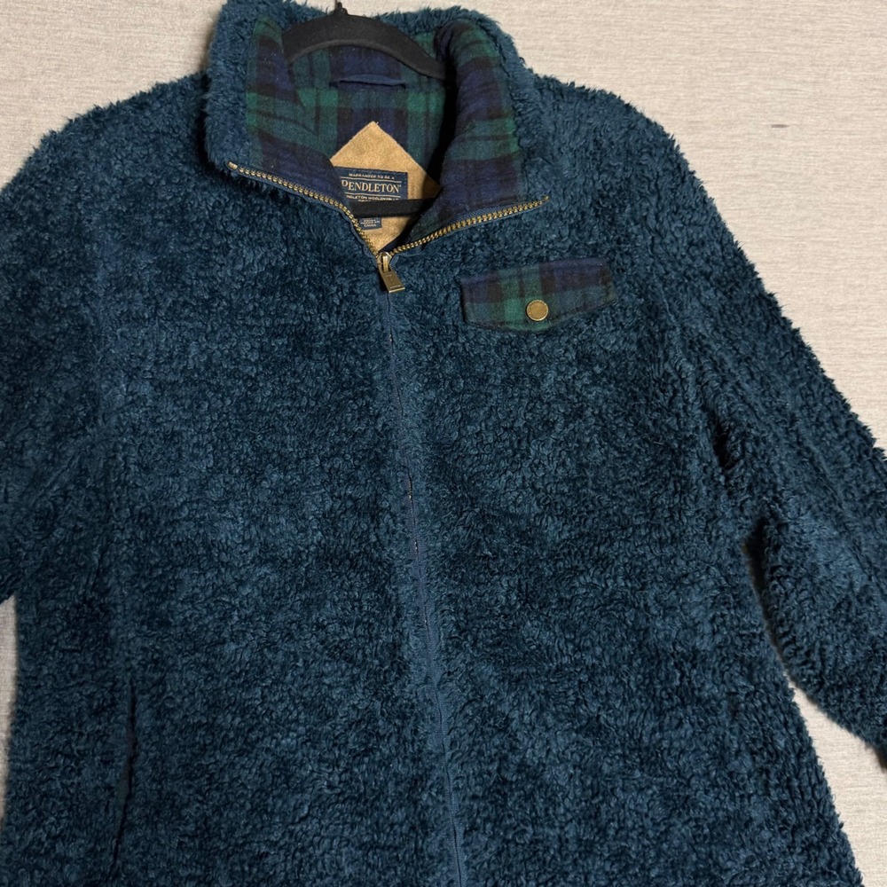 Pendleton Fuzzy Fleece Mock Neck Jacket Blue Plaid Trim Women's Small S